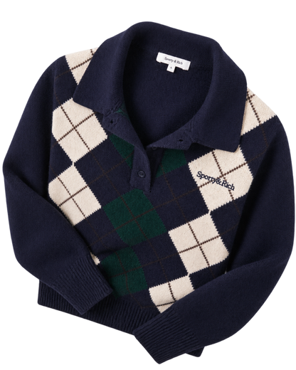 Serif Logo Argyle Cashmere Polo - Navy/Forest/Ecru