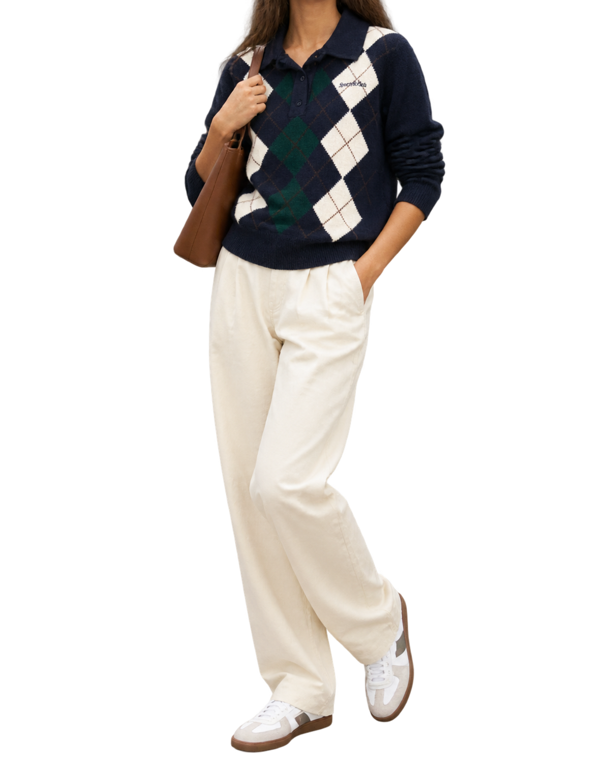 Serif Logo Argyle Cashmere Polo - Navy/Forest/Ecru