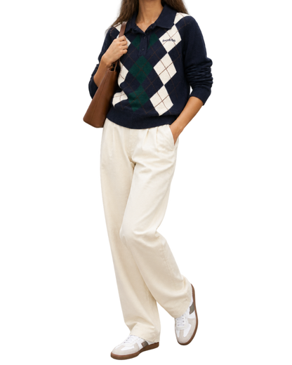 Serif Logo Argyle Cashmere Polo - Navy/Forest/Ecru