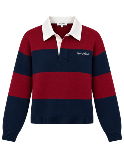 Serif Logo Cashmere Rugby Polo - Merlot/Navy/Ecru