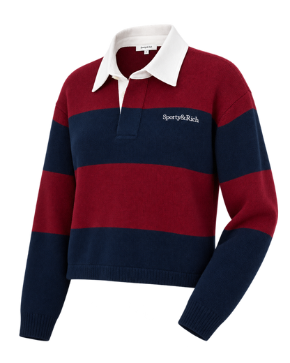 Serif Logo Cashmere Rugby Polo - Merlot/Navy/Ecru