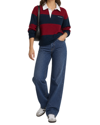Serif Logo Cashmere Rugby Polo - Merlot/Navy/Ecru