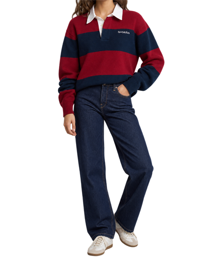 Serif Logo Cashmere Rugby Polo - Merlot/Navy/Ecru