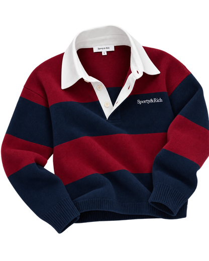 Serif Logo Cashmere Rugby Polo - Merlot/Navy/Ecru