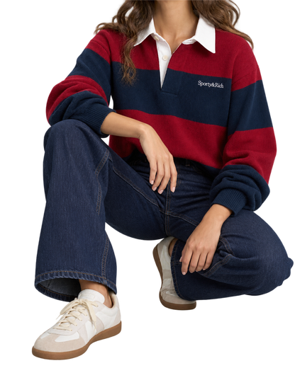 Serif Logo Cashmere Rugby Polo - Merlot/Navy/Ecru