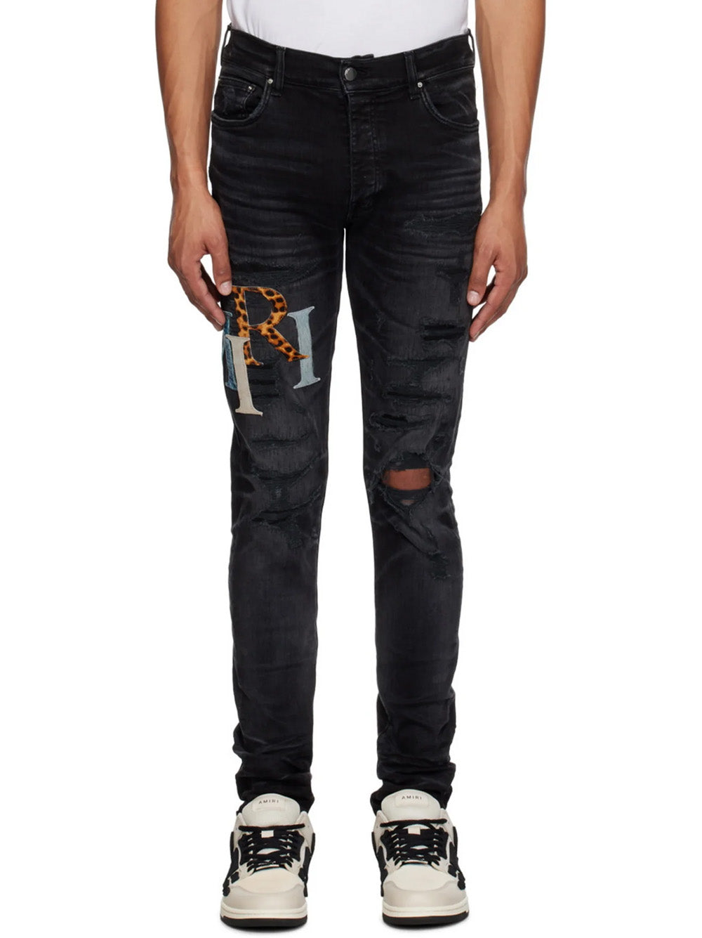 Amiri Leather Staggered Logo Ripped Jeans in Black