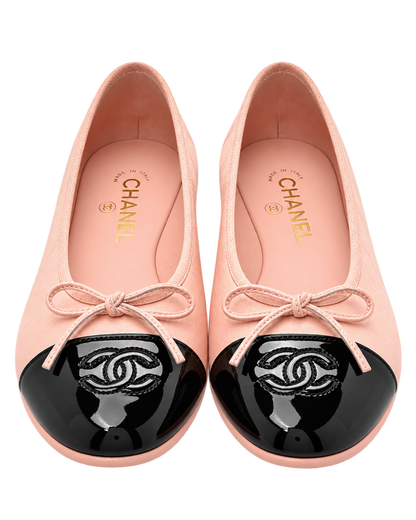 Shiny Crumpled Calfskin Patent CC Cap Toe Ballerina Flats