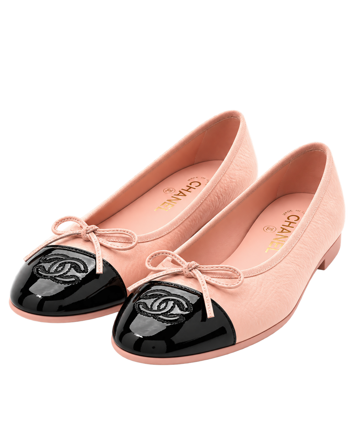 Shiny Crumpled Calfskin Patent CC Cap Toe Ballerina Flats
