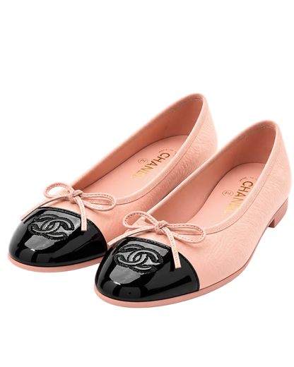 Shiny Crumpled Calfskin Patent CC Cap Toe Ballerina Flats