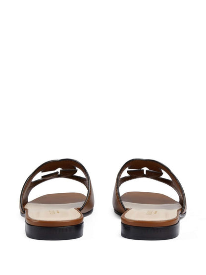 Brown Gg Cut-out Leather Flat Sandals