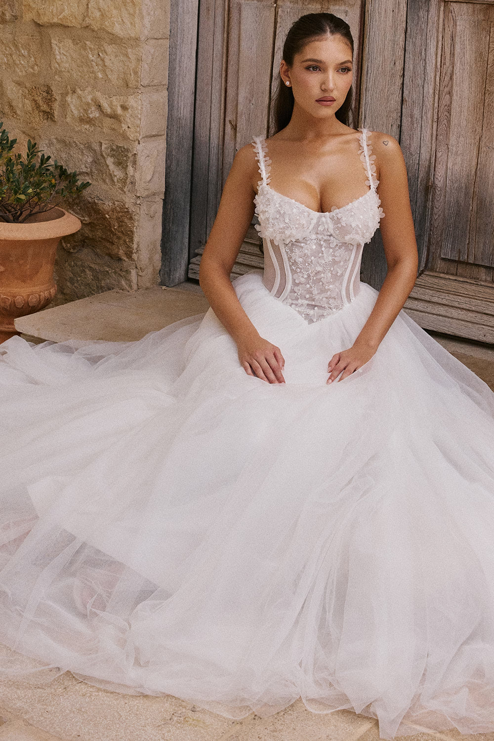 Nathalie white floral lace tulle bridal gown