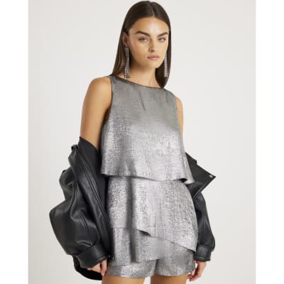 Silver metallic frill playsuit