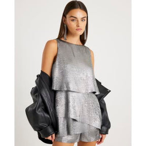 Silver metallic frill playsuit