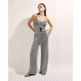 Silver Metallic Knit Wide Leg Trousers