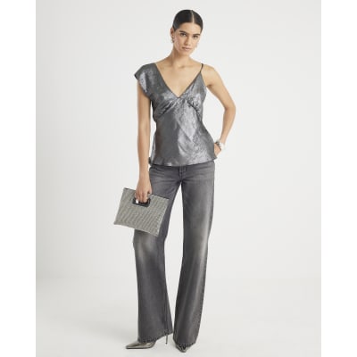 Silver One Shoulder Top