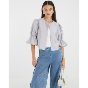 Silver Puff Sleeve Shacket Top