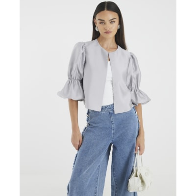 Silver Puff Sleeve Shacket Top