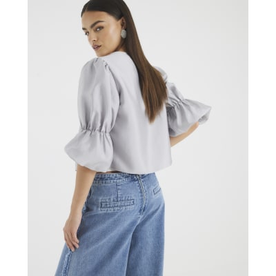 Silver Puff Sleeve Shacket Top