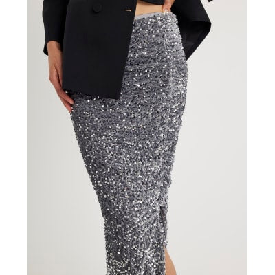 Silver Ruched Side Velvet Sequin Midi Skirt