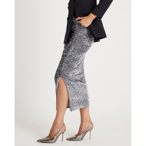 Silver Ruched Side Velvet Sequin Midi Skirt