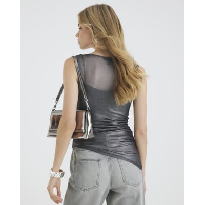 Silver Sleeveless Metallic Cowl Neck Top