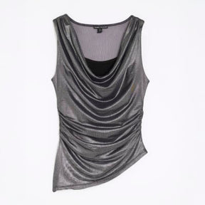 Silver Sleeveless Metallic Cowl Neck Top