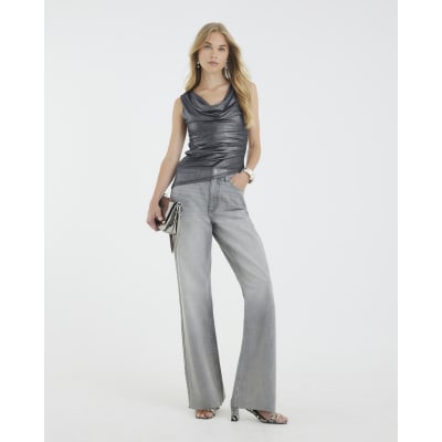 Silver Sleeveless Metallic Cowl Neck Top