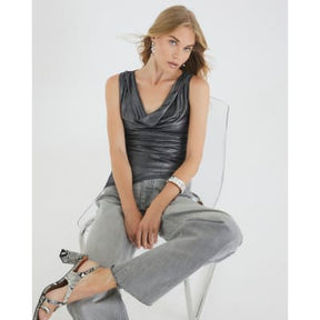 Silver Sleeveless Metallic Cowl Neck Top