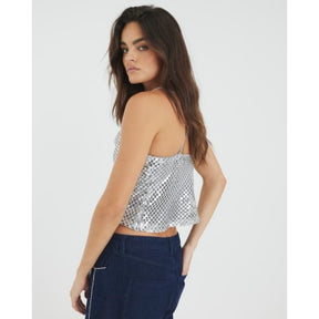 Silver Sleeveless Sequin Cowl Neck Cami Top