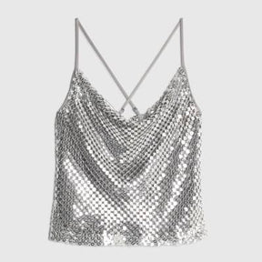 Silver Sleeveless Sequin Cowl Neck Cami Top