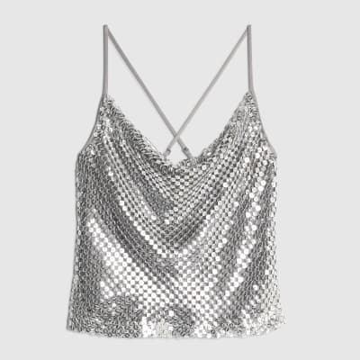 Silver Sleeveless Sequin Cowl Neck Cami Top
