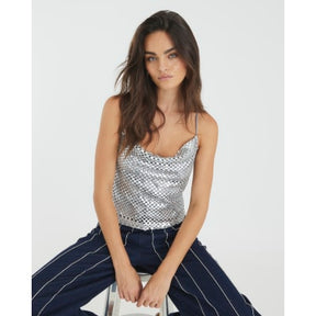 Silver Sleeveless Sequin Cowl Neck Cami Top
