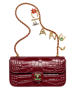 Small Flap Bag Crocodile Embossed Calfskin, Enamel & Gold-Tone Metal Dark Burgundy
