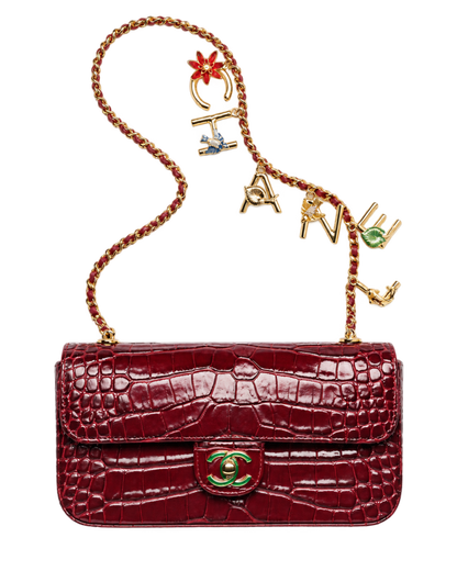 Small Flap Bag Crocodile Embossed Calfskin, Enamel & Gold-Tone Metal Dark Burgundy
