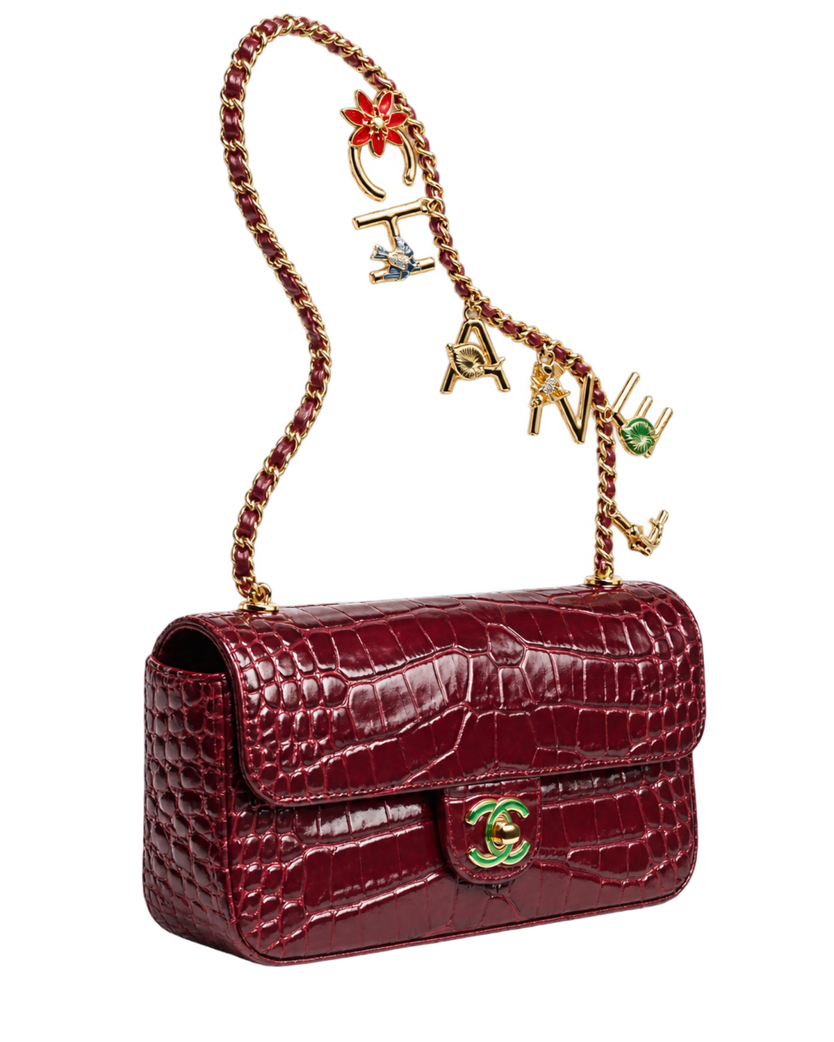 Small Flap Bag Crocodile Embossed Calfskin, Enamel & Gold-Tone Metal Dark Burgundy