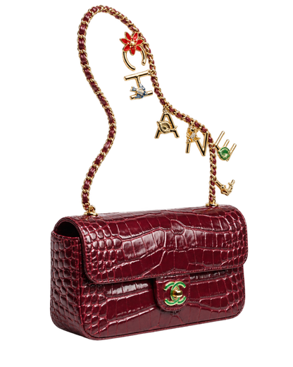 Small Flap Bag Crocodile Embossed Calfskin, Enamel & Gold-Tone Metal Dark Burgundy