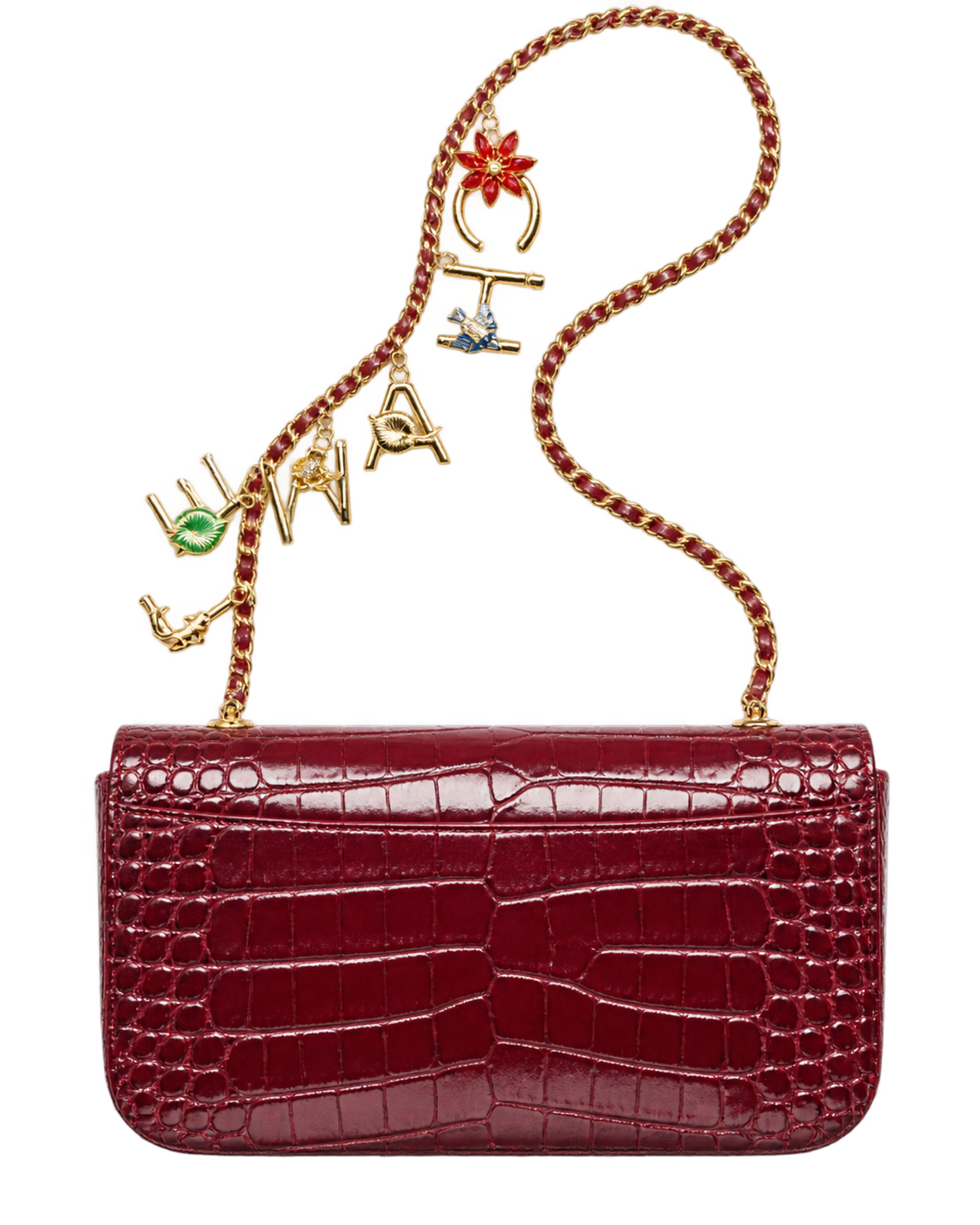 Small Flap Bag Crocodile Embossed Calfskin, Enamel & Gold-Tone Metal Dark Burgundy