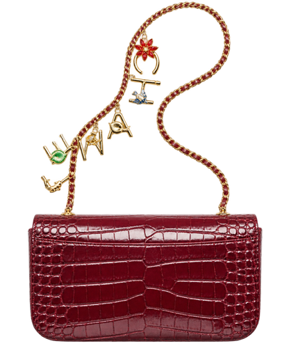 Small Flap Bag Crocodile Embossed Calfskin, Enamel & Gold-Tone Metal Dark Burgundy