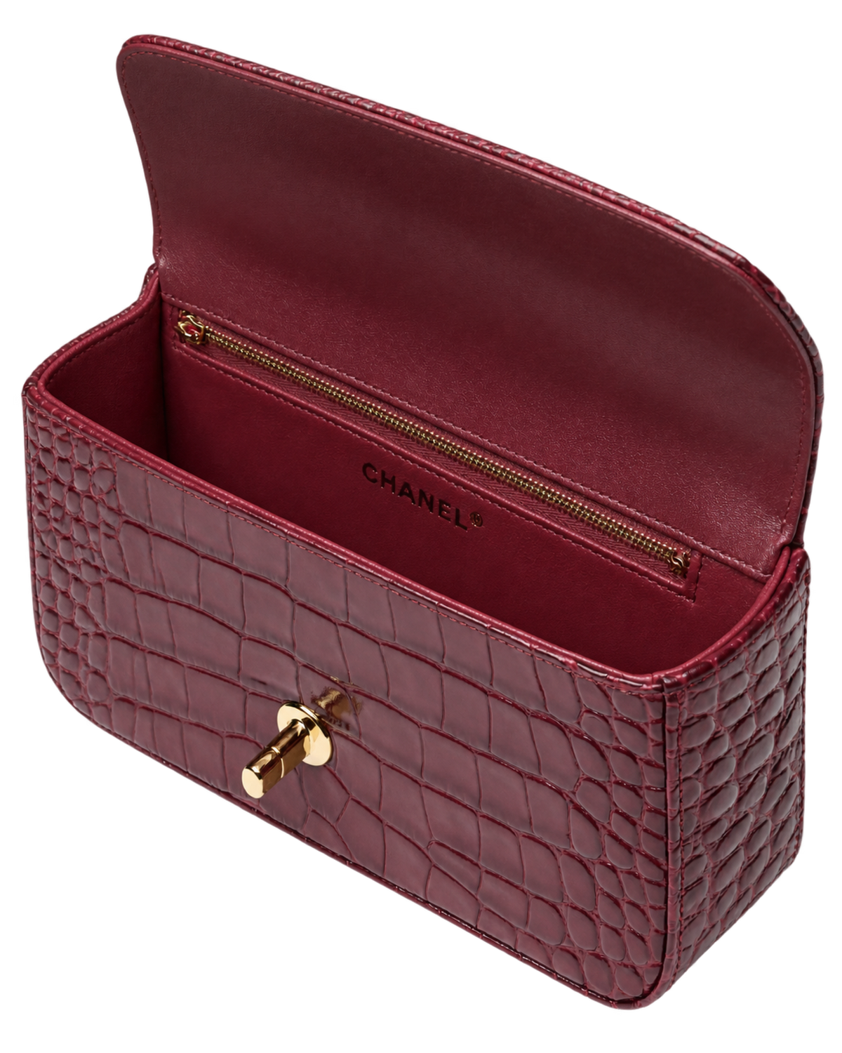 Small Flap Bag Crocodile Embossed Calfskin, Enamel & Gold-Tone Metal Dark Burgundy