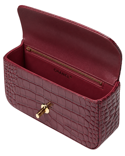 Small Flap Bag Crocodile Embossed Calfskin, Enamel & Gold-Tone Metal Dark Burgundy