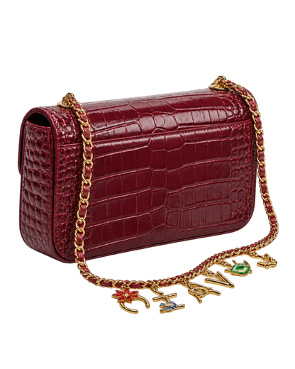Small Flap Bag Crocodile Embossed Calfskin, Enamel & Gold-Tone Metal Dark Burgundy
