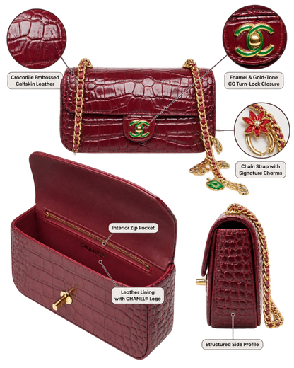 Small Flap Bag Crocodile Embossed Calfskin, Enamel & Gold-Tone Metal Dark Burgundy
