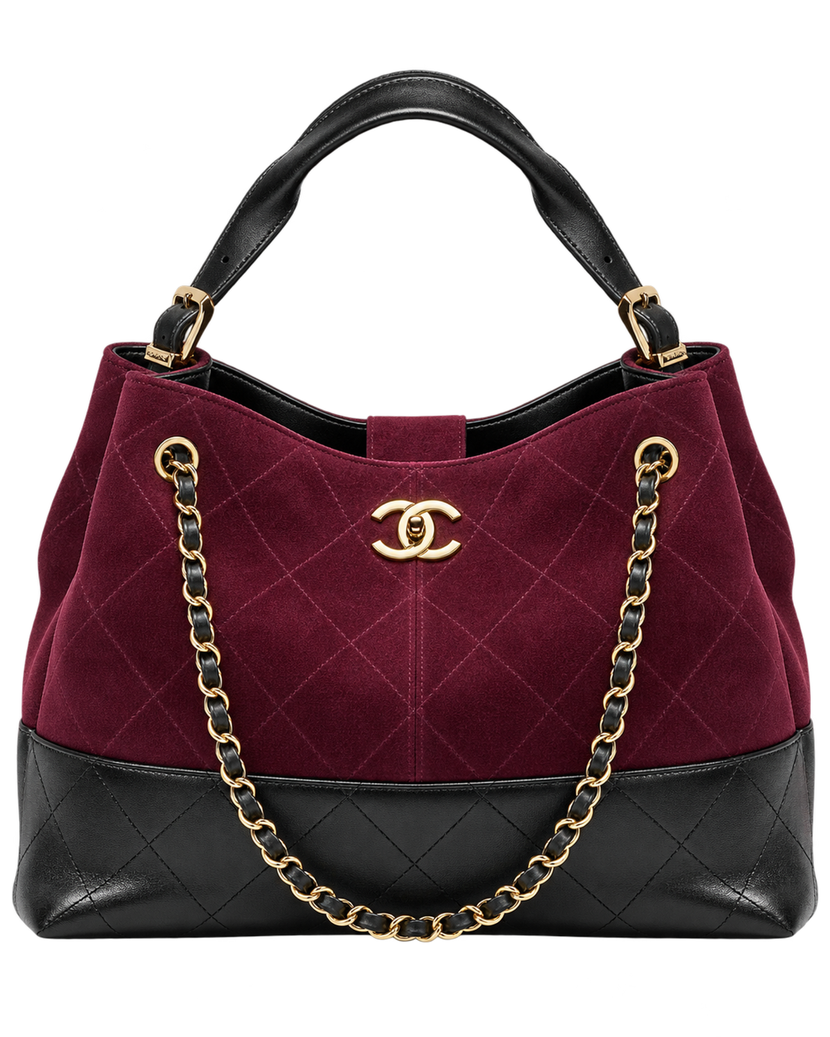 Small Tote Suede Calfskin, Shiny Lambskin & Gold-Tone Metal Burgundy & Black