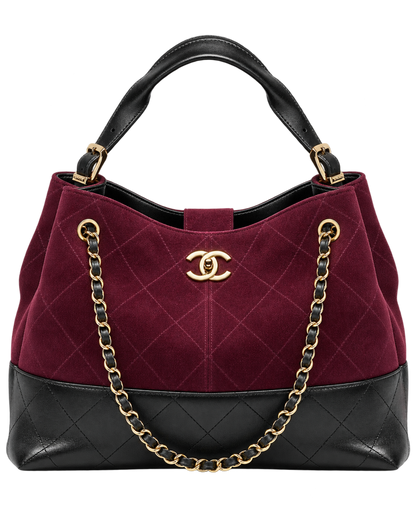 Small Tote Suede Calfskin, Shiny Lambskin & Gold-Tone Metal Burgundy & Black
