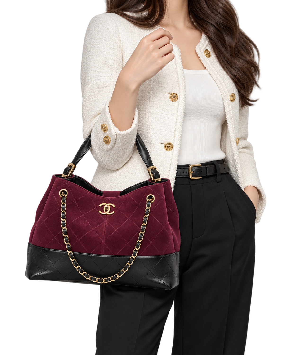Small Tote Suede Calfskin, Shiny Lambskin & Gold-Tone Metal Burgundy & Black