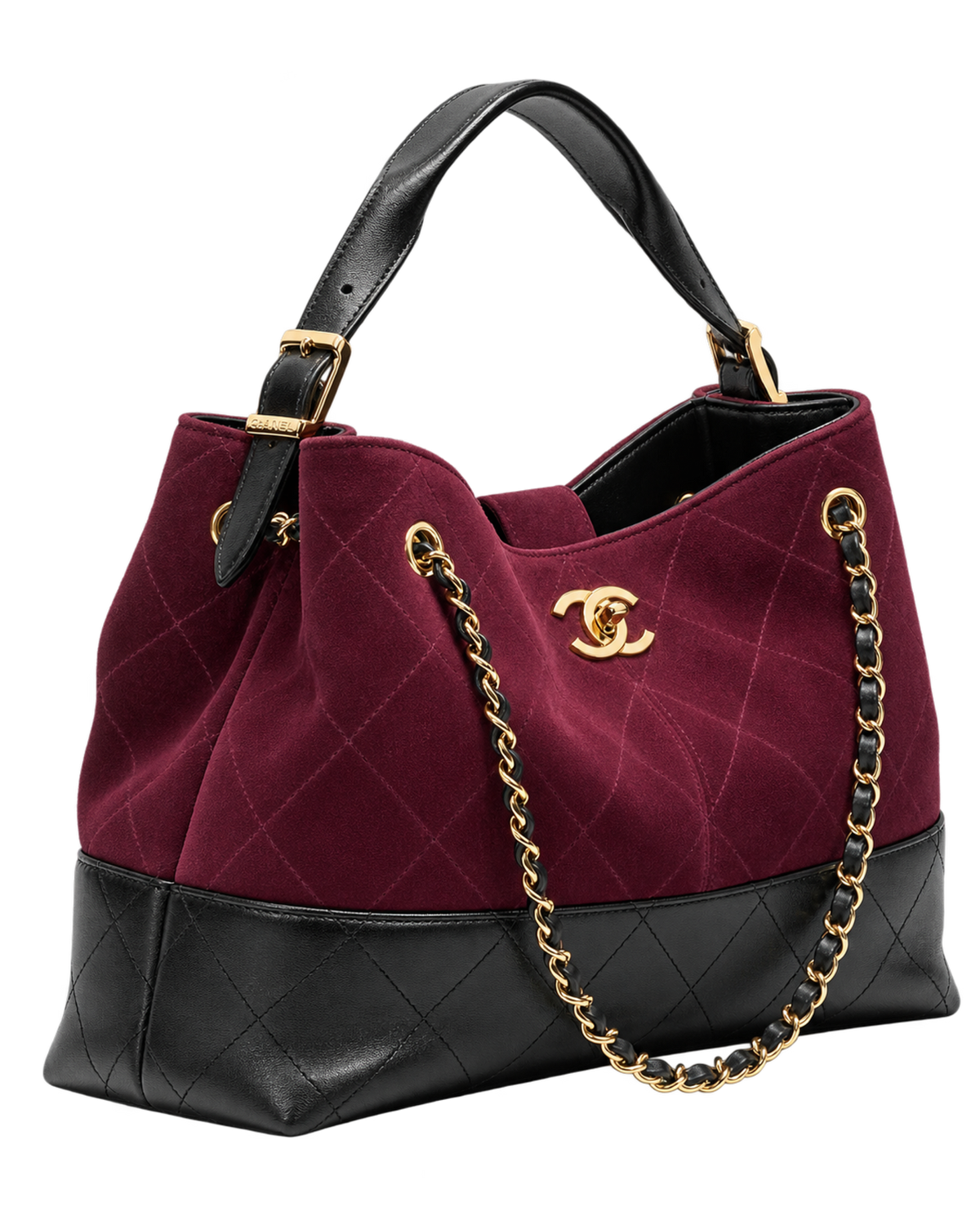 Small Tote Suede Calfskin, Shiny Lambskin & Gold-Tone Metal Burgundy & Black