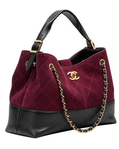 Small Tote Suede Calfskin, Shiny Lambskin & Gold-Tone Metal Burgundy & Black