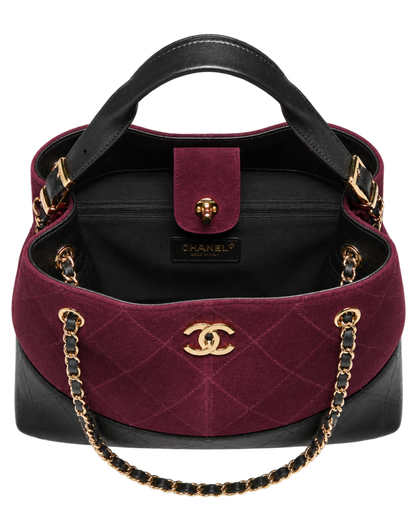 Small Tote Suede Calfskin, Shiny Lambskin & Gold-Tone Metal Burgundy & Black