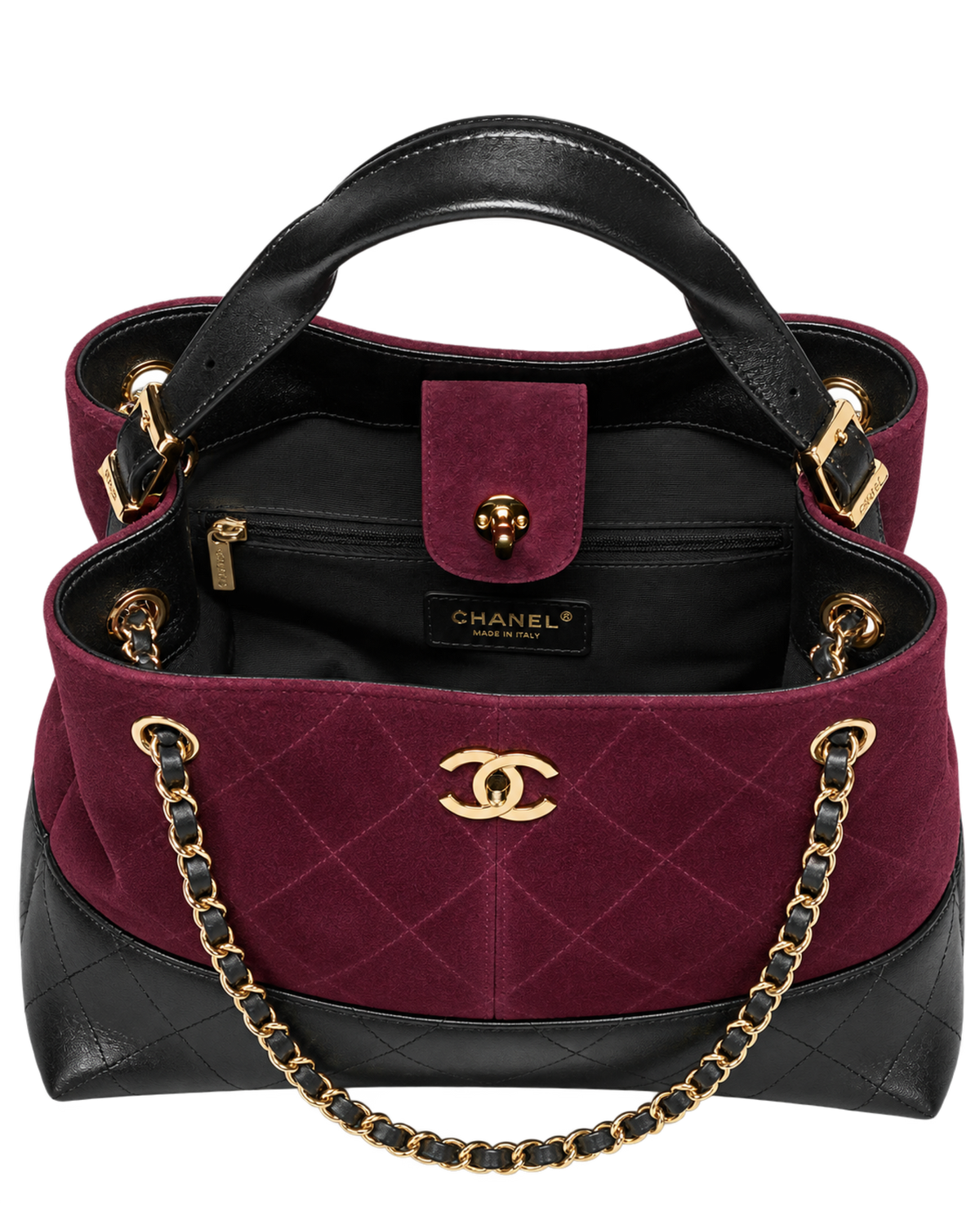 Small Tote Suede Calfskin, Shiny Lambskin & Gold-Tone Metal Burgundy & Black