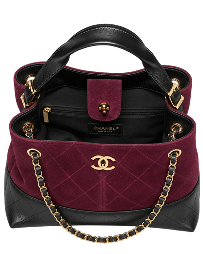 Small Tote Suede Calfskin, Shiny Lambskin & Gold-Tone Metal Burgundy & Black